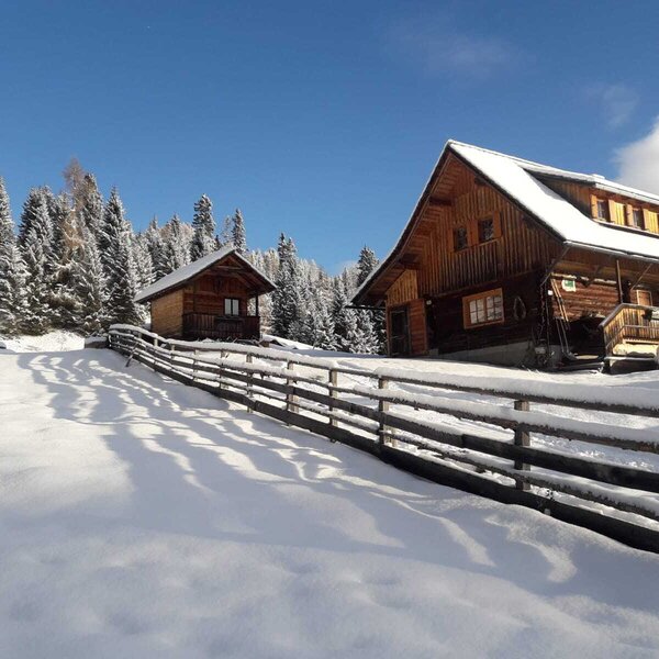 The Alpine Hut and a smaller auxiliary building are surrounded by snow-covered pine trees.