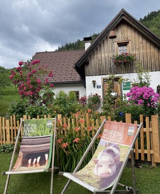 The exterior of the farmhouse, featuring a garden with blooming roses, a wooden fence, and two deck chairs.