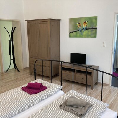 Farmhouse bedroom with two single beds, a wooden wardrobe, television, and an adjoining bathroom.