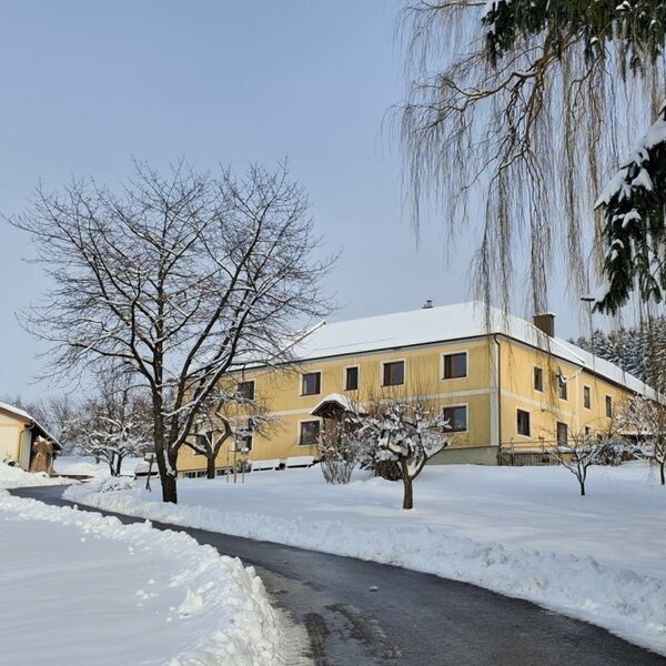 The farmhouse in winter, surrounded by snow and trees, with a cleared access path.