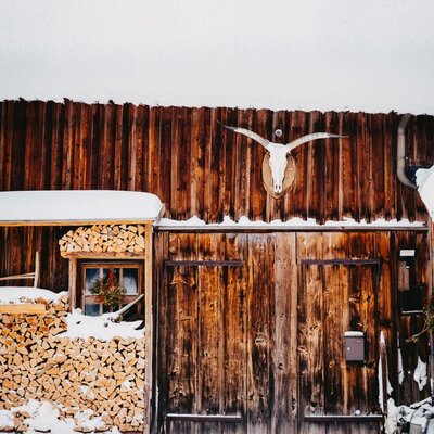 The wooden exterior of the farmhouse, featuring a large double door, stacked firewood next to a window, and a bull skull mounted above, all covered in snow.
