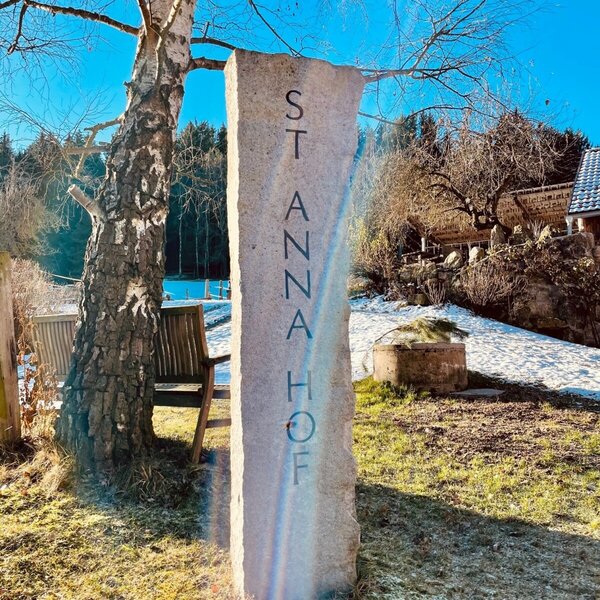 The entrance sign for the Farm House, a stone pillar carved with "ST ANNA HOF". The entrance sign for the Farm House, a stone pillar carved with "ST ANNA HOF".