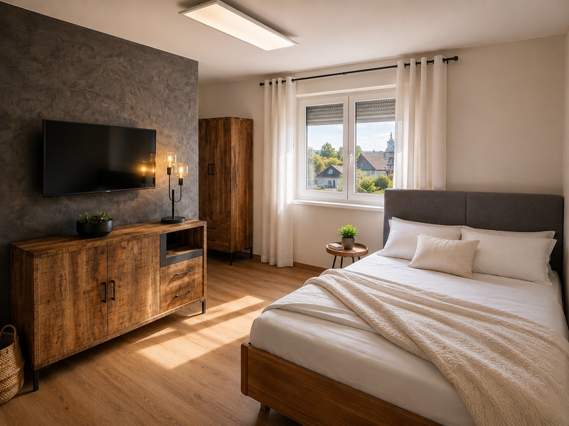 Bedroom featuring a double bed, wooden furniture, a TV, and a window with a view of the surroundings.