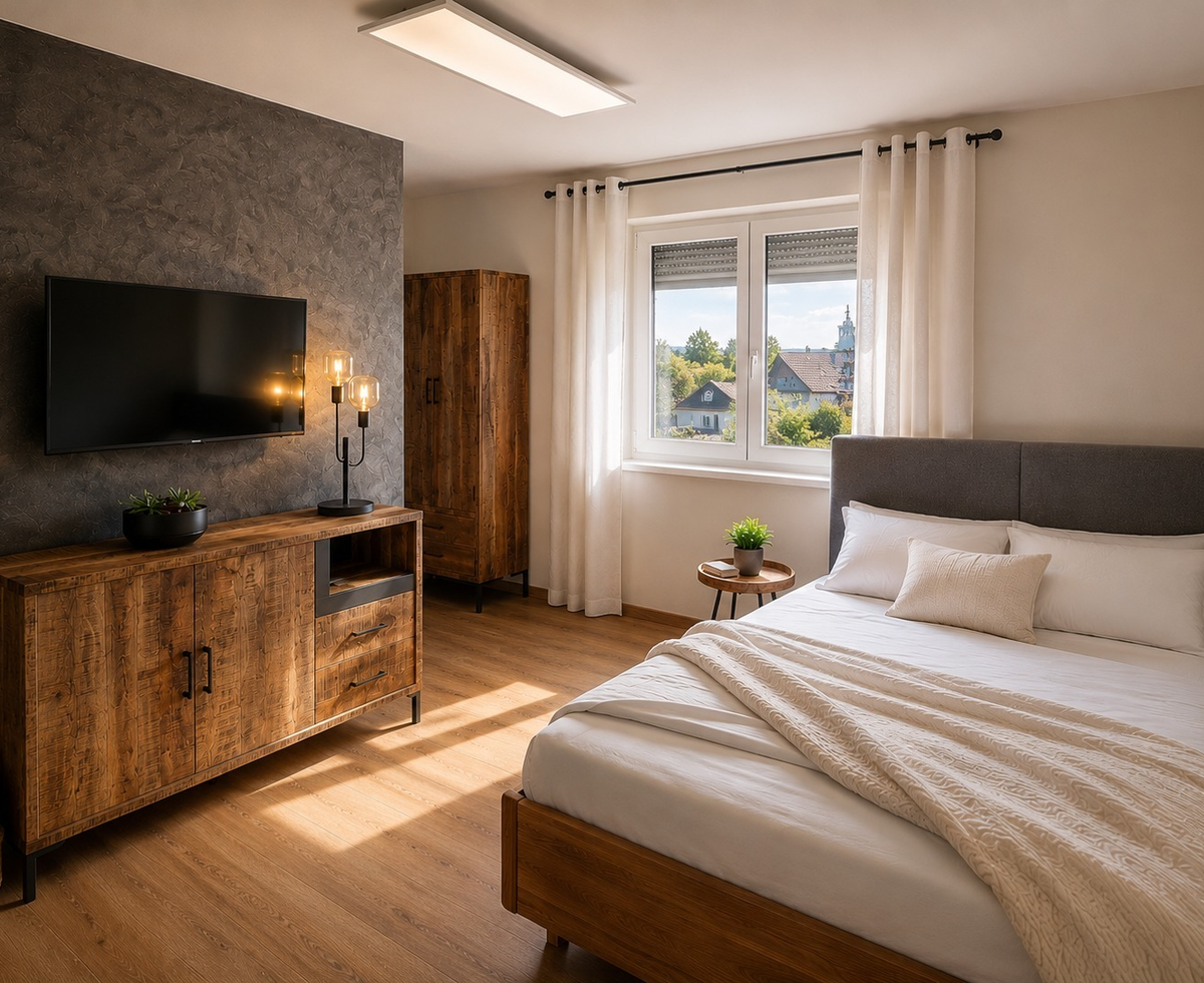 Bedroom featuring a double bed, wooden furniture, a TV, and a window with a view of the surroundings.