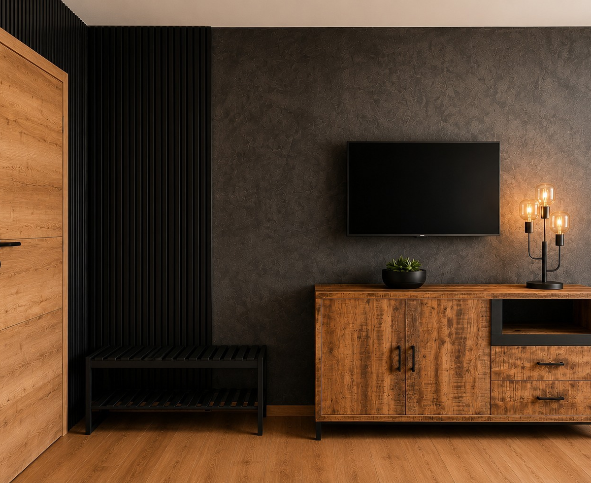 The entrance area features a wooden door, TV, and wooden cabinet for entertainment and storage.
