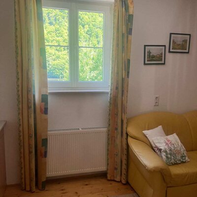 Room in the farmhouse with a yellow sofa, wooden floor, and window with a green view.