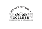 Logo of the farmhouse featuring 'Organic and Riding Farm', a cow, a horse, mountains, and 'Trail riding in the Bohemian Forest'.