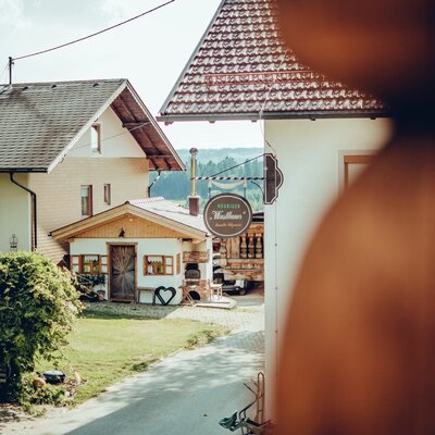 The farm house grounds feature a traditional Heuriger building with a 'Waldweber' sign, alongside other property structures and a garden with a bench.