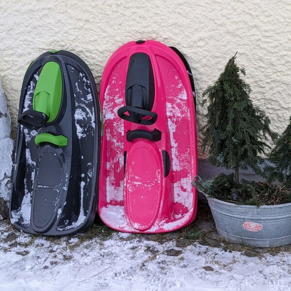 Sleds for guest use are provided at the farmhouse, seen here with a birch log and small evergreens by the wall.