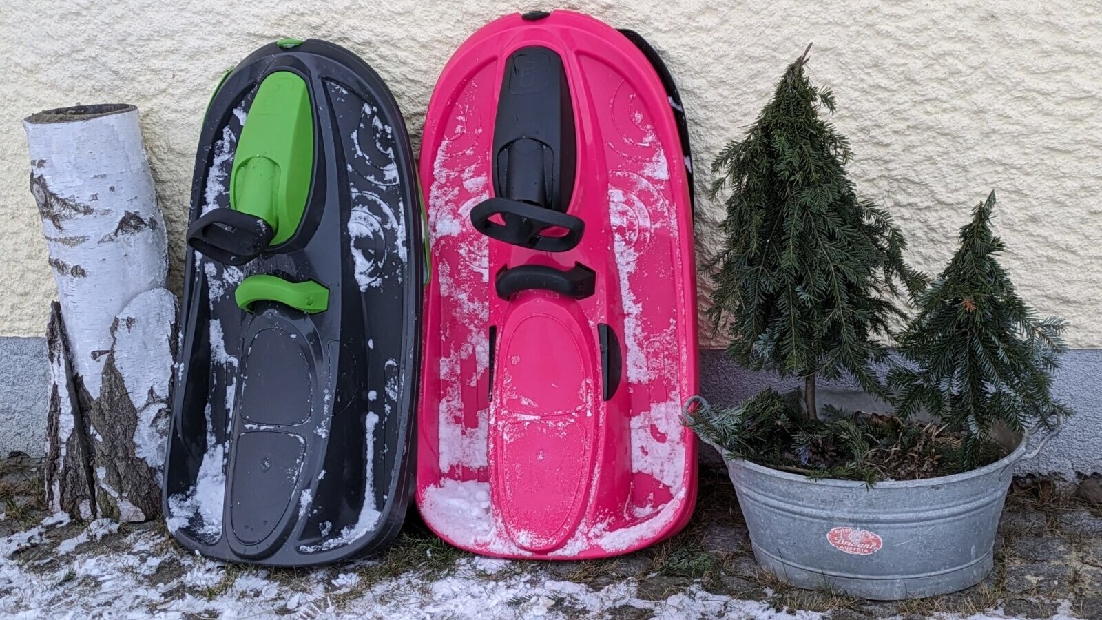 Sleds for guest use are provided at the farmhouse, seen here with a birch log and small evergreens by the wall.