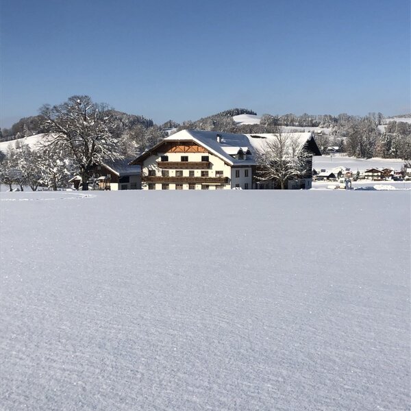 The Farm House featuring a snow-covered roof and balconies, set against a clear blue winter sky and snowy hills.