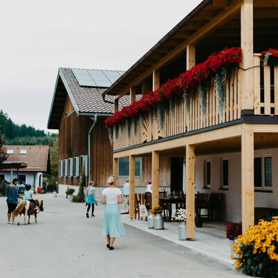The Farm House exterior, featuring a balcony with red flowers and an outdoor seating area, alongside a farm building with solar panels and a child riding a pony.