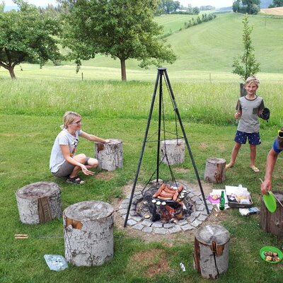 Outdoor grilling area at the Farm House, featuring a fire pit, grill, and log stools.