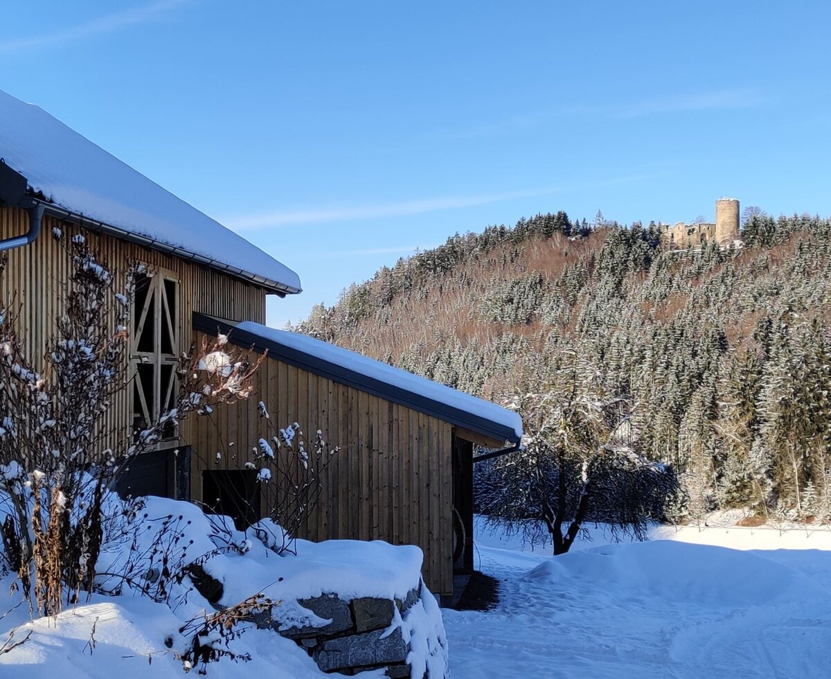 The Farm House exterior in winter, with snow-covered grounds and a view of a forested hill topped by castle ruins.