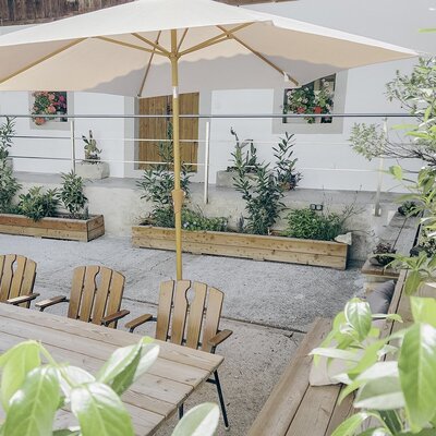 Through the main entrance and vestibule, you enter our courtyard, a small oasis for relaxing and unwinding, with comfortable seating, sun umbrellas, herbs, and flowers.