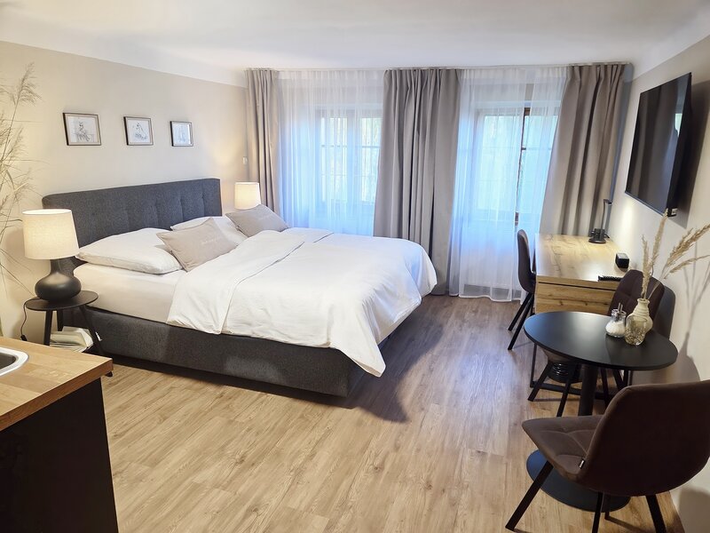 The inviting studio apartment features a comfortable double bed, a cozy seating area, a practical workspace, and a compact kitchenette.