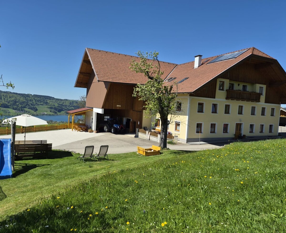 The farmhouse with a garden area, slide, sun loungers, and a covered seating area, offering views of the lake and mountains.