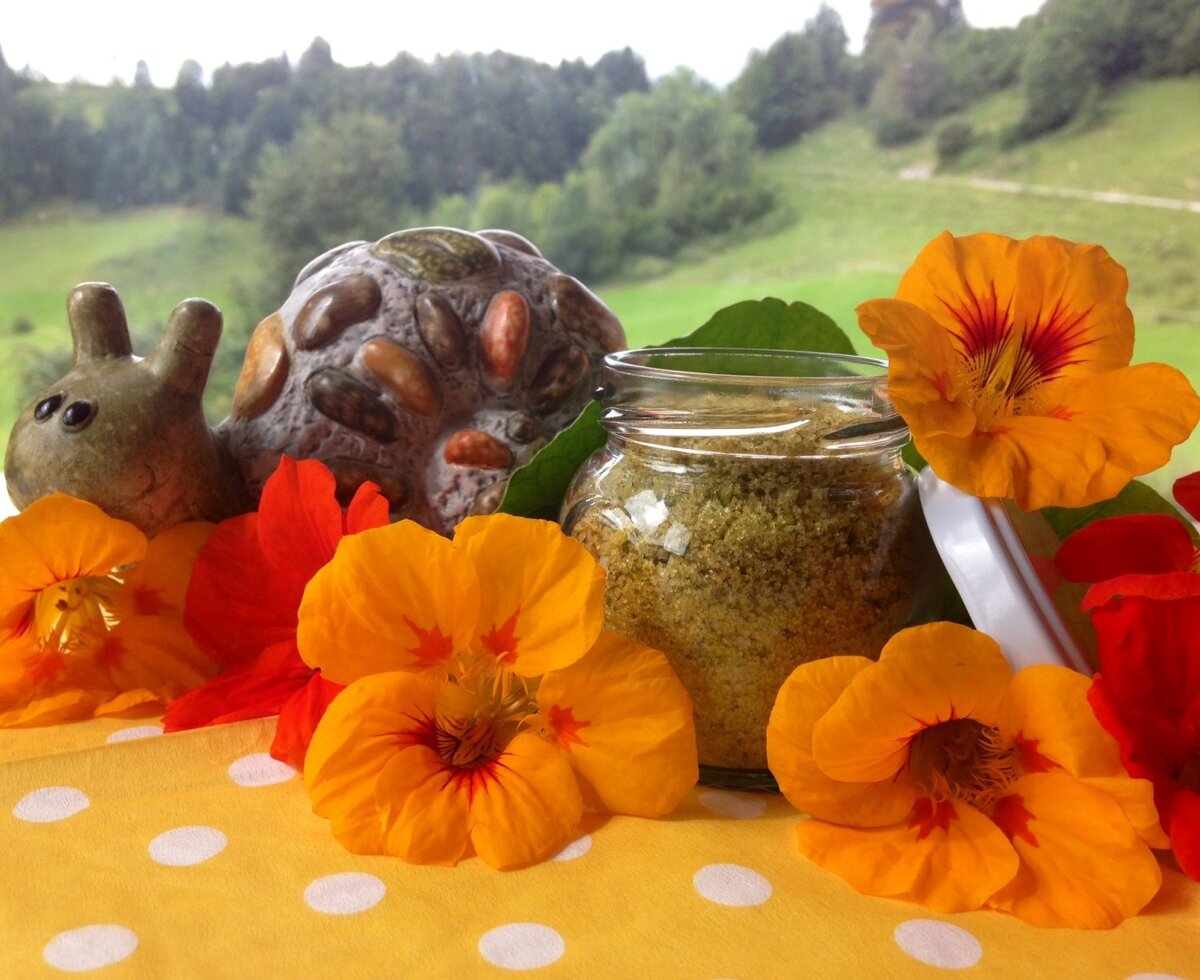 A jar of green seasoning, fresh nasturtium flowers, and a decorative snail on a table, with the natural landscape visible from the farm house in the background.