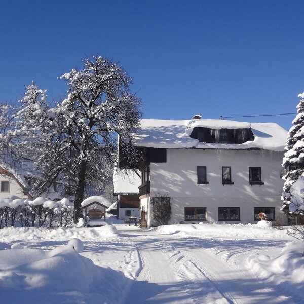 The snow-covered exterior of the Farm House, surrounded by snow-laden trees and a driveway under a clear blue sky.