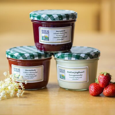 Homemade redcurrant-rhubarb and strawberry-rhubarb jams and natural yogurt from the Bauernhof.