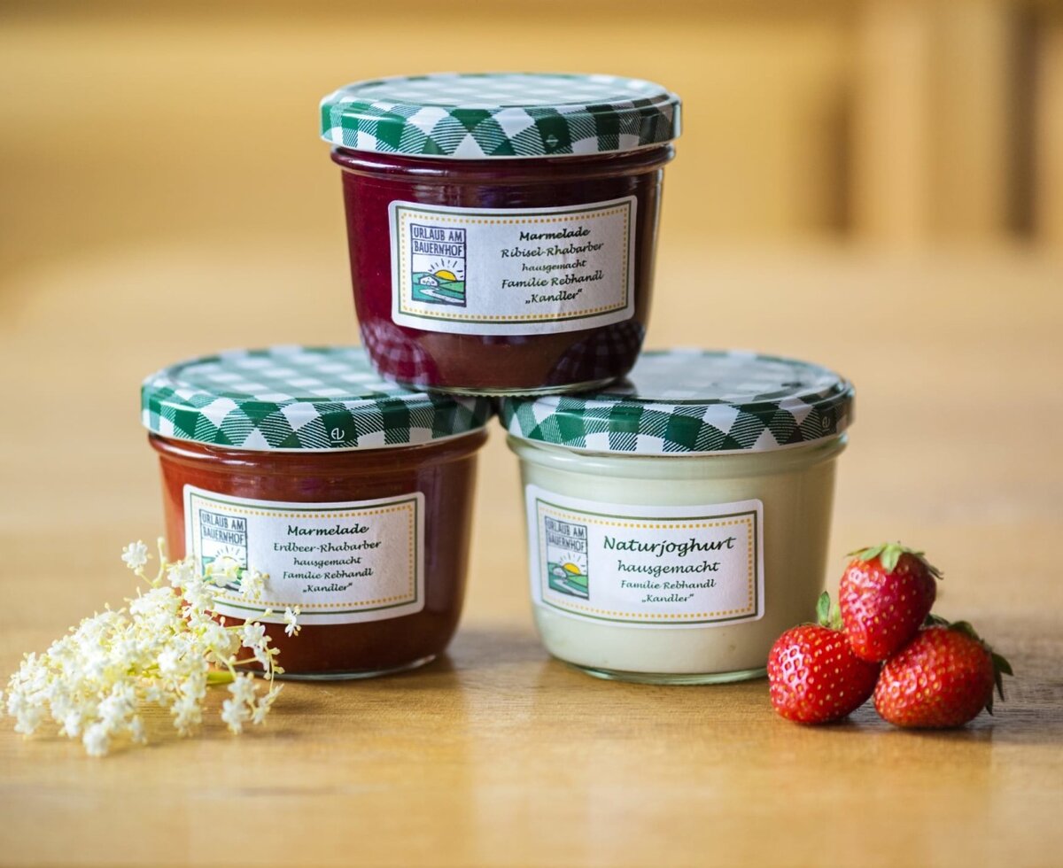 Homemade redcurrant-rhubarb and strawberry-rhubarb jams and natural yogurt from the Bauernhof.