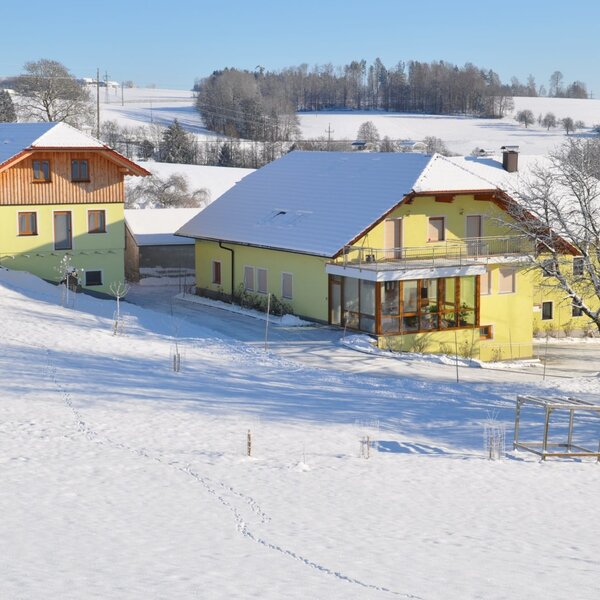 The farm house, with its two buildings, surrounded by a snowy landscape, includes a children's swing set.