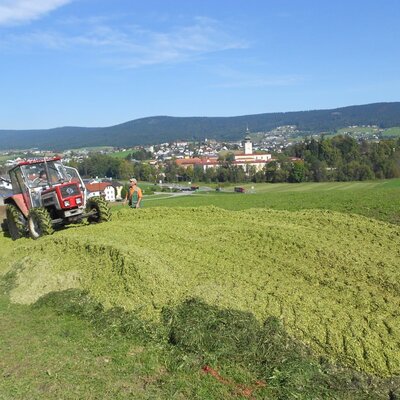 A tractor on a silage pile during agricultural work at the farmhouse, with a village in the background.