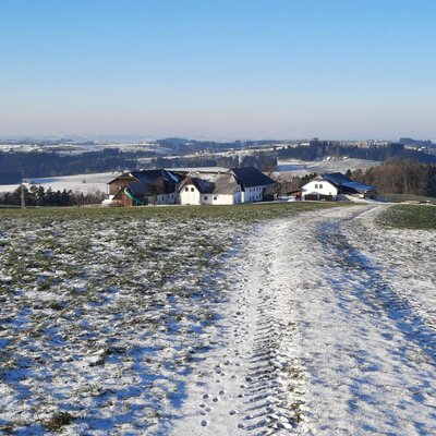 The farm house exterior with snow-dusted fields, an access path, and distant rolling hills.