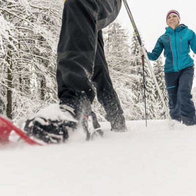 Snowshoeing in the snowy forest of the Bohemian Forest, one of the winter activities guests can enjoy near the farmhouse.