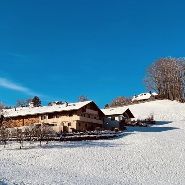 The Farm House in a snow-covered rural setting under a clear blue sky.
