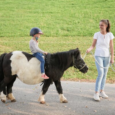 A delightful pony ride for children on the farm, led along scenic green pastures.