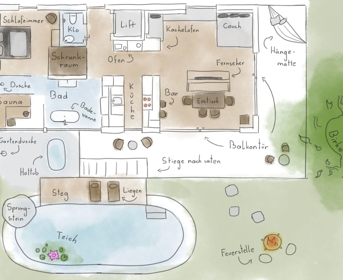 A clear and charmingly illustrated floor plan of the modern holiday home, detailing the indoor living areas, wellness facilities, and outdoor natural pool area.