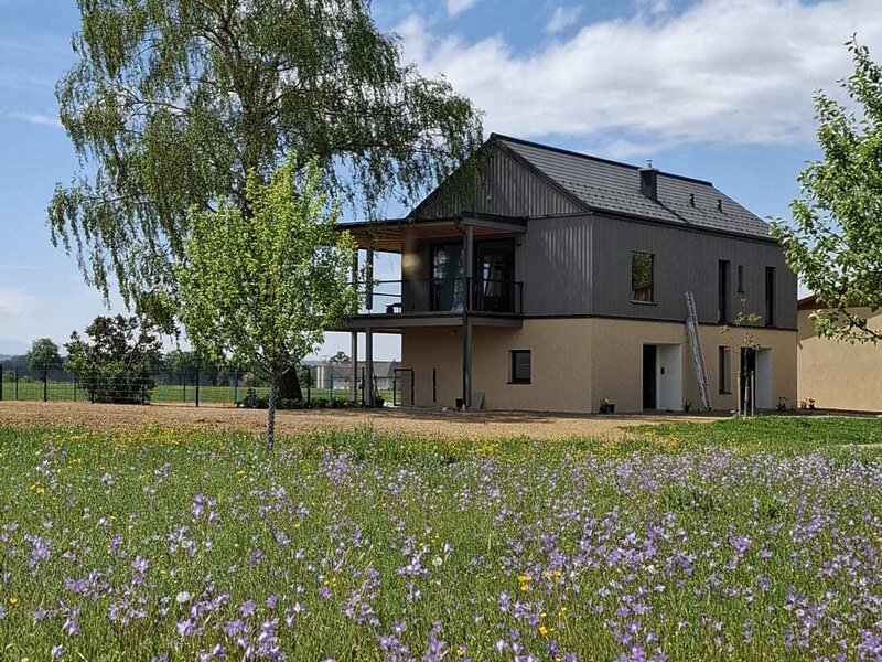 The modern holiday home with a balcony, surrounded by a flower meadow and a large tree.