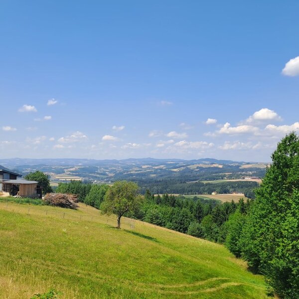 The Riederegger-Alm featuring panoramic views over the rolling green hills and forests of the Mühlviertel under a clear blue sky.