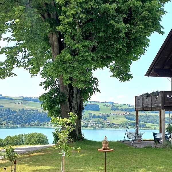 The Farm House features balconies and a garden with an outdoor seating area, offering views of the lake and forested hills.