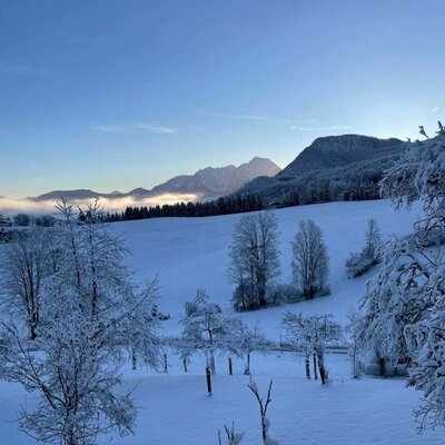 Winter view from the farmhouse with snow-covered fields, trees, and mountains under a blue morning sky.