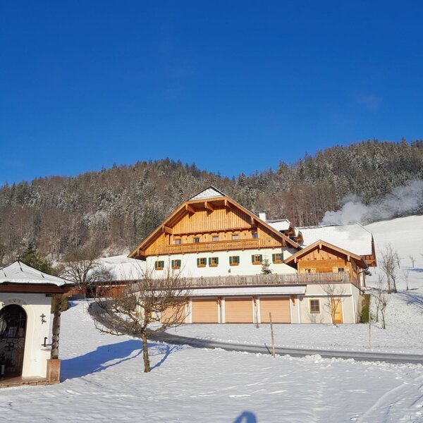 The farmhouse in winter with a snow-covered landscape, forest in the background, and a small shrine in the foreground.