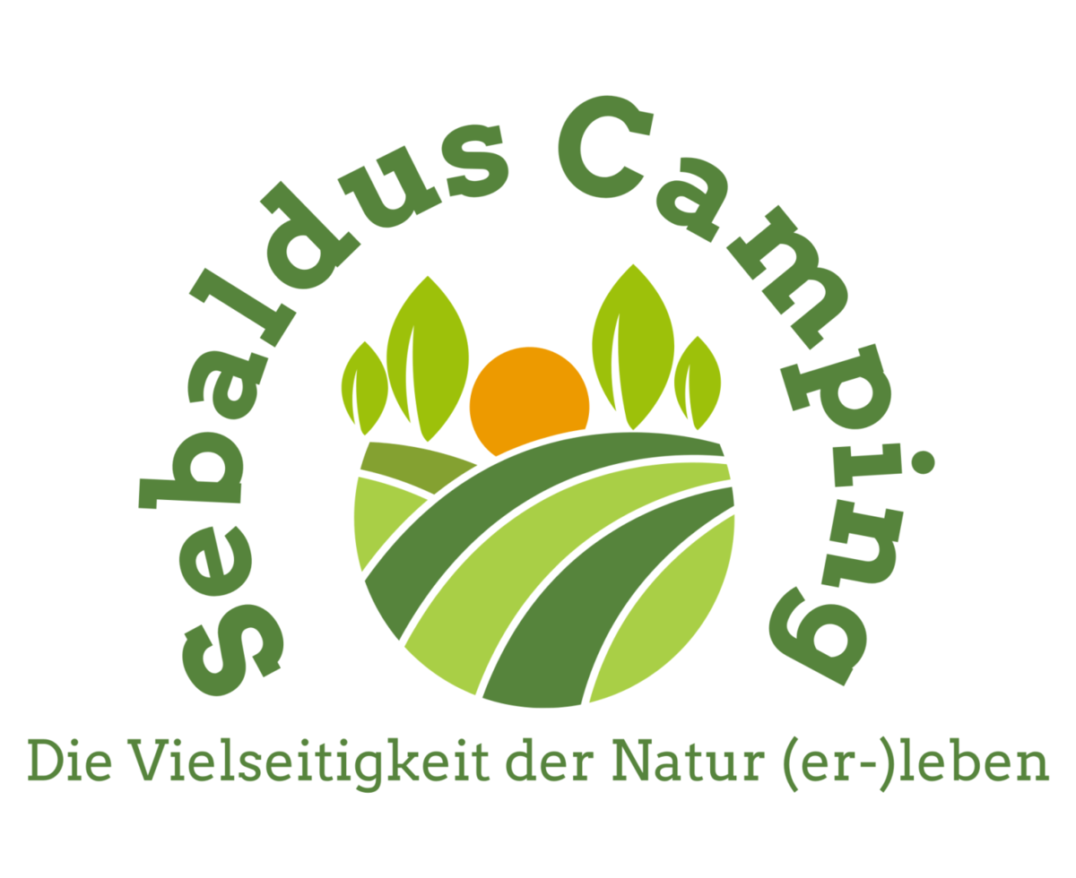The logo for Sebaldus Camping campsite features green hills, trees, and a sun, complemented by the slogan 'Experience the versatility of nature'.