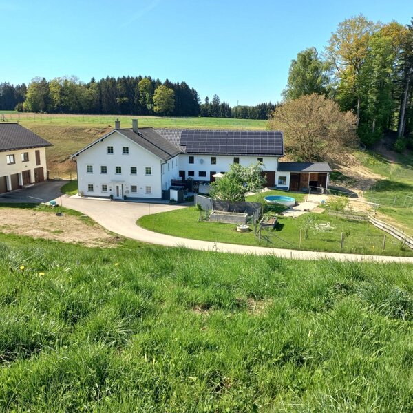 Exterior view, featuring a driveway, garden, and a small pool.