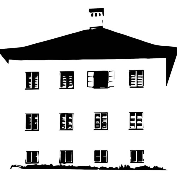 The multi-story exterior of the Farmhouse, featuring several windows, one open, and a dark roof. The multi-story exterior of the Farmhouse, featuring several windows, one open, and a dark roof.