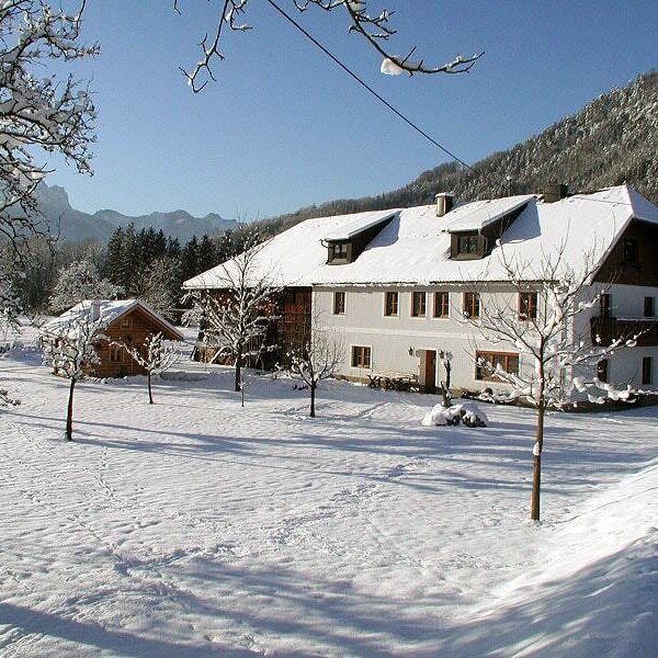 The snow-covered Farm House exterior and grounds, with mountains visible in the background.