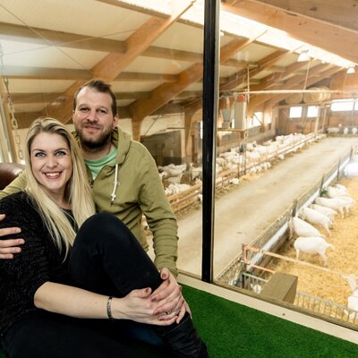 The Farm House features a glass-enclosed observation area, offering views directly into the barn with its resident goats.