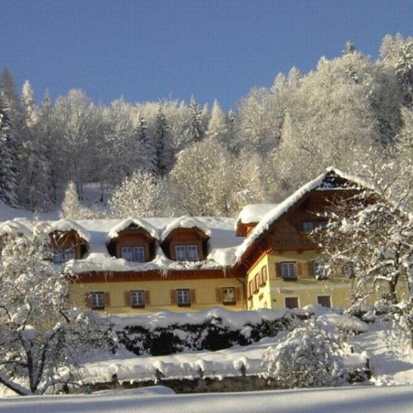 The Farm House exterior in winter, featuring a yellow facade, snow-covered roof, and surrounding snow-laden trees.