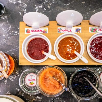 Homemade jams and honey as part of the breakfast offering at the farmhouse.