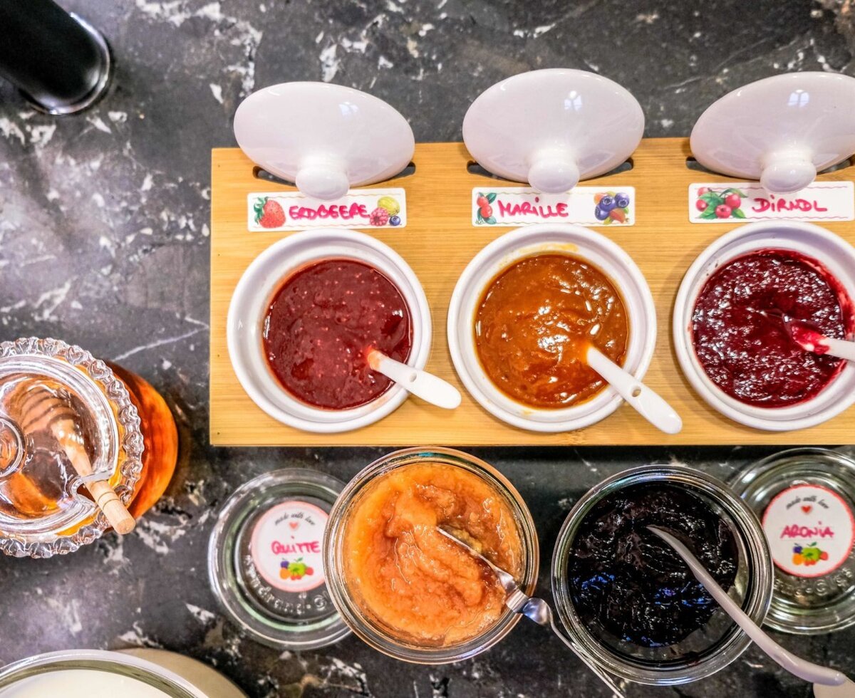 Homemade jams and honey as part of the breakfast offering at the farmhouse.
