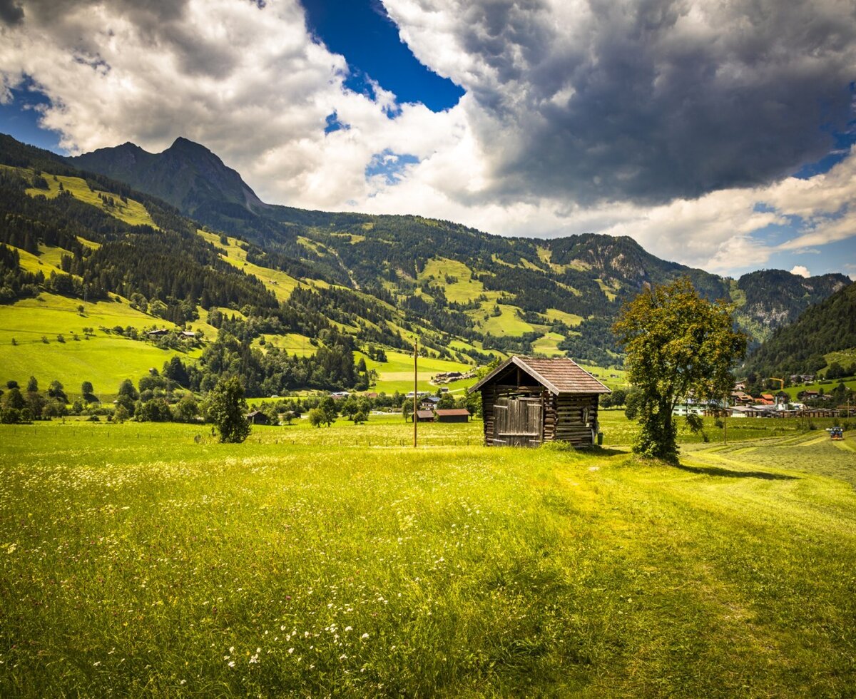 The natural surroundings of the Farm House, with green mountain pastures, a traditional wooden shed, and distant village views.