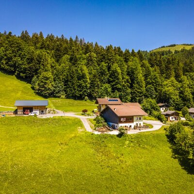 Aerial view of the Reitlhof farm house and its outbuildings, set amidst green meadows and surrounding forests.