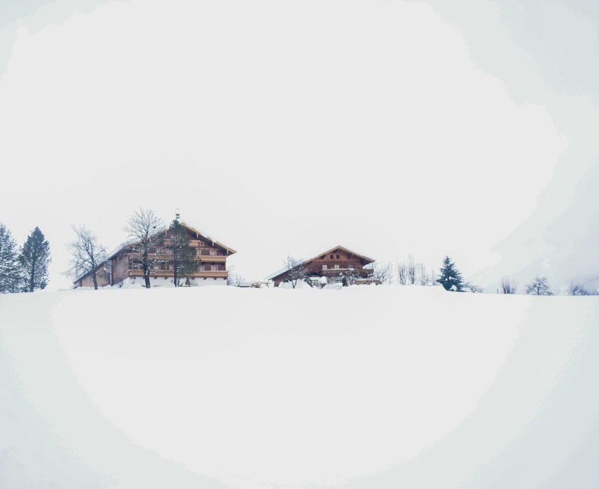 Two wooden farmhouses stand on a snow-covered hill surrounded by trees.