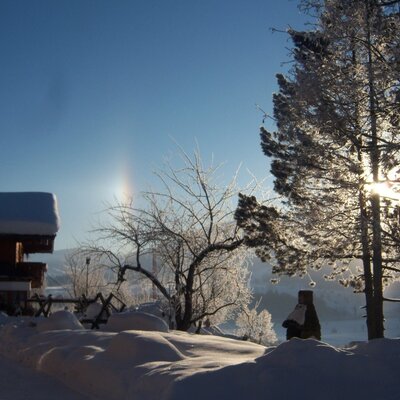 The exterior of the Farm House, showing the snow-covered grounds, frosted trees, and bright winter sun.