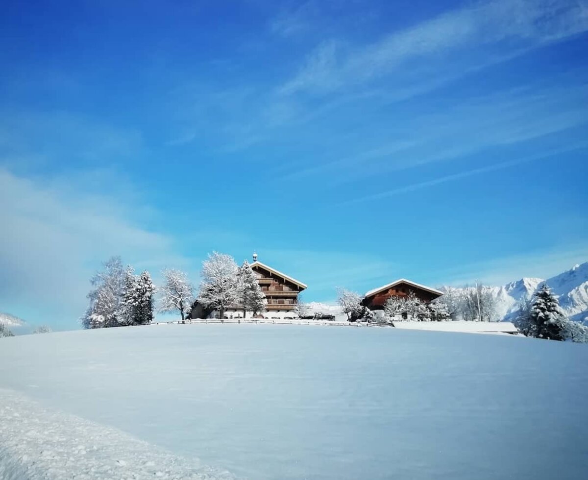 The Farm House and nearby buildings on a snow-covered hill, surrounded by snow-covered trees, with mountains visible under a clear blue sky.